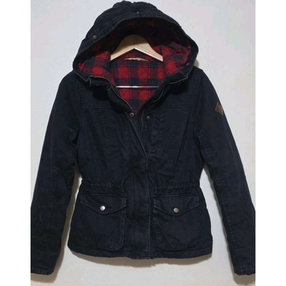 Hollister Insulated Navy Buffalo‎ Plaid Lined Hood Jacket Woman S Cargo Utility